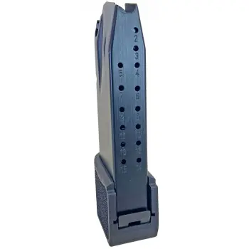 Close-up of a blue firearm magazine with multiple holes for loading bullets.