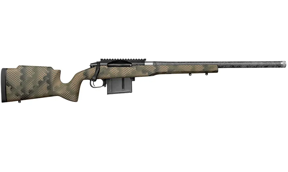 A sniper rifle featuring a camouflage pattern, long barrel, and adjustable stock, designed for preci.