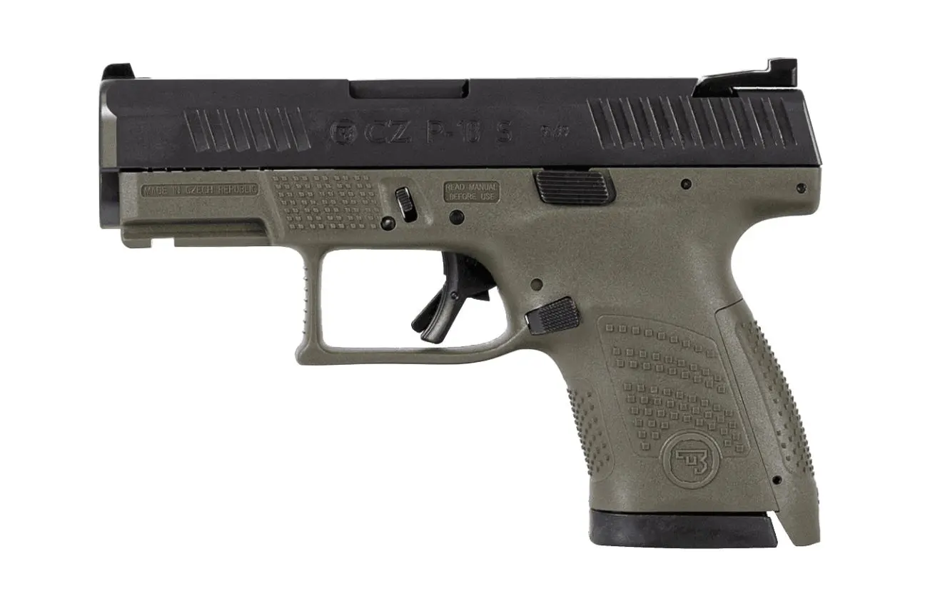 Semi-automatic handgun with black slide and olive drab frame for concealed carry.