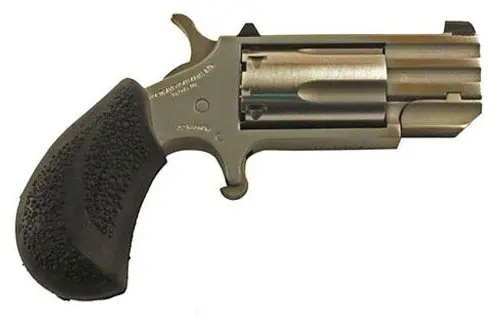 Revolver with a silver finish and black textured grip, ideal for firearm enthusiasts and collectors.