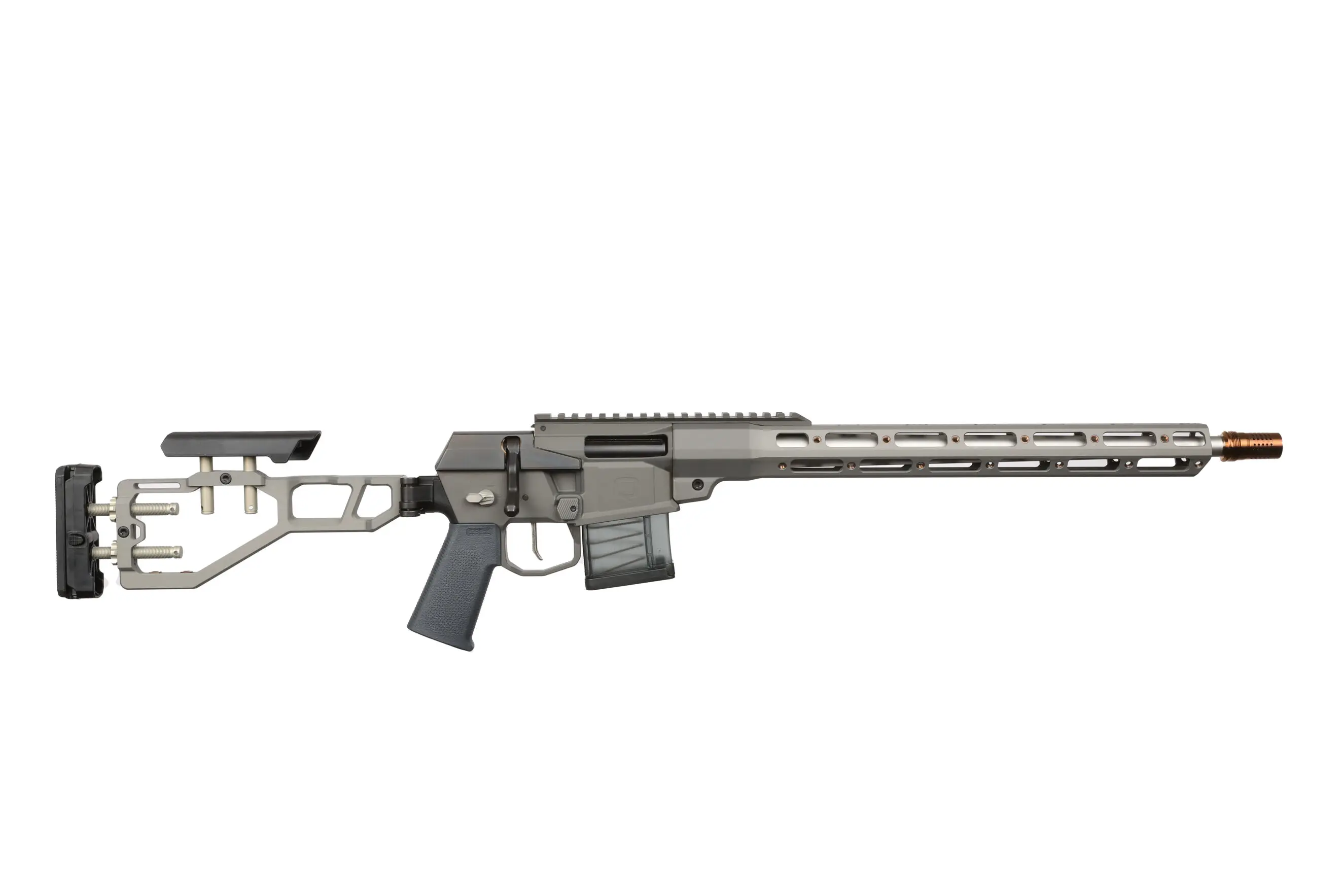 High-precision modern rifle with adjustable stock and long barrel.