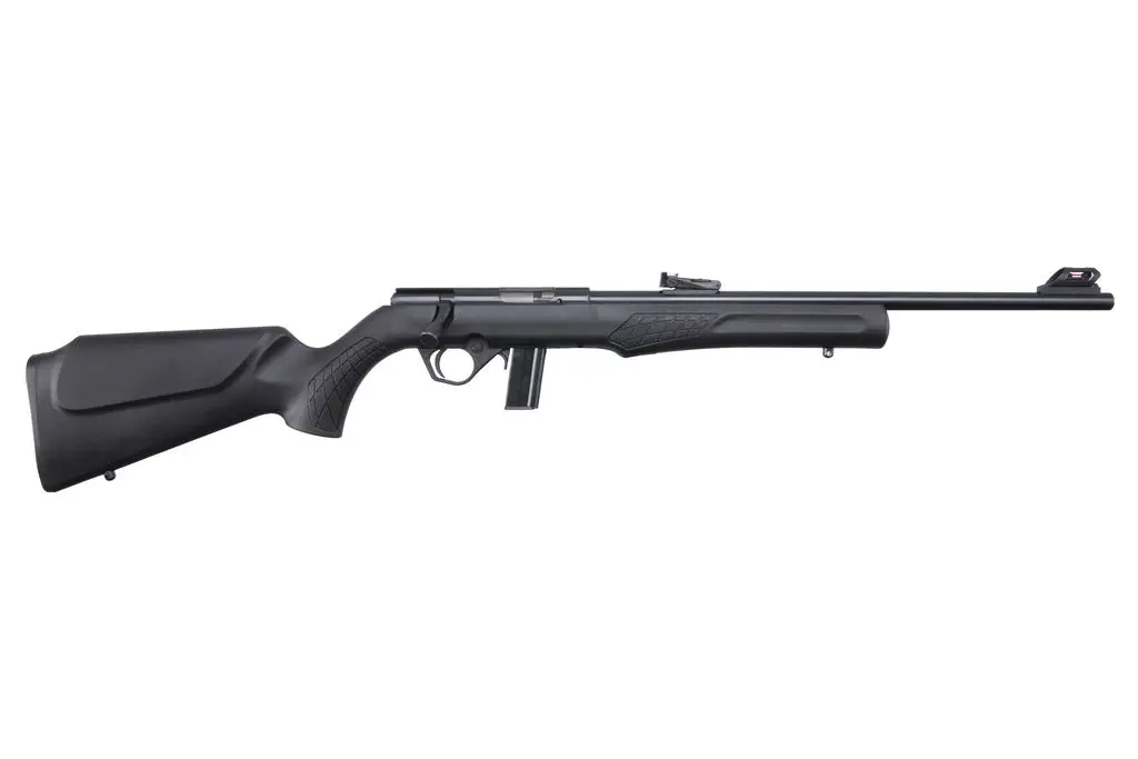 Shotgun with black synthetic stock and long barrel.