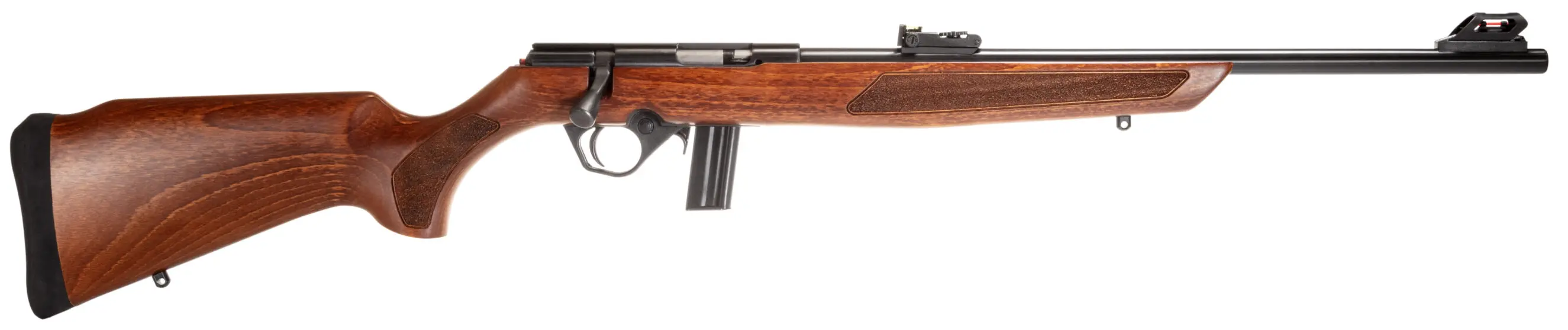 Rifle with wooden stock and black barrel, suitable for hunting and target shooting.
