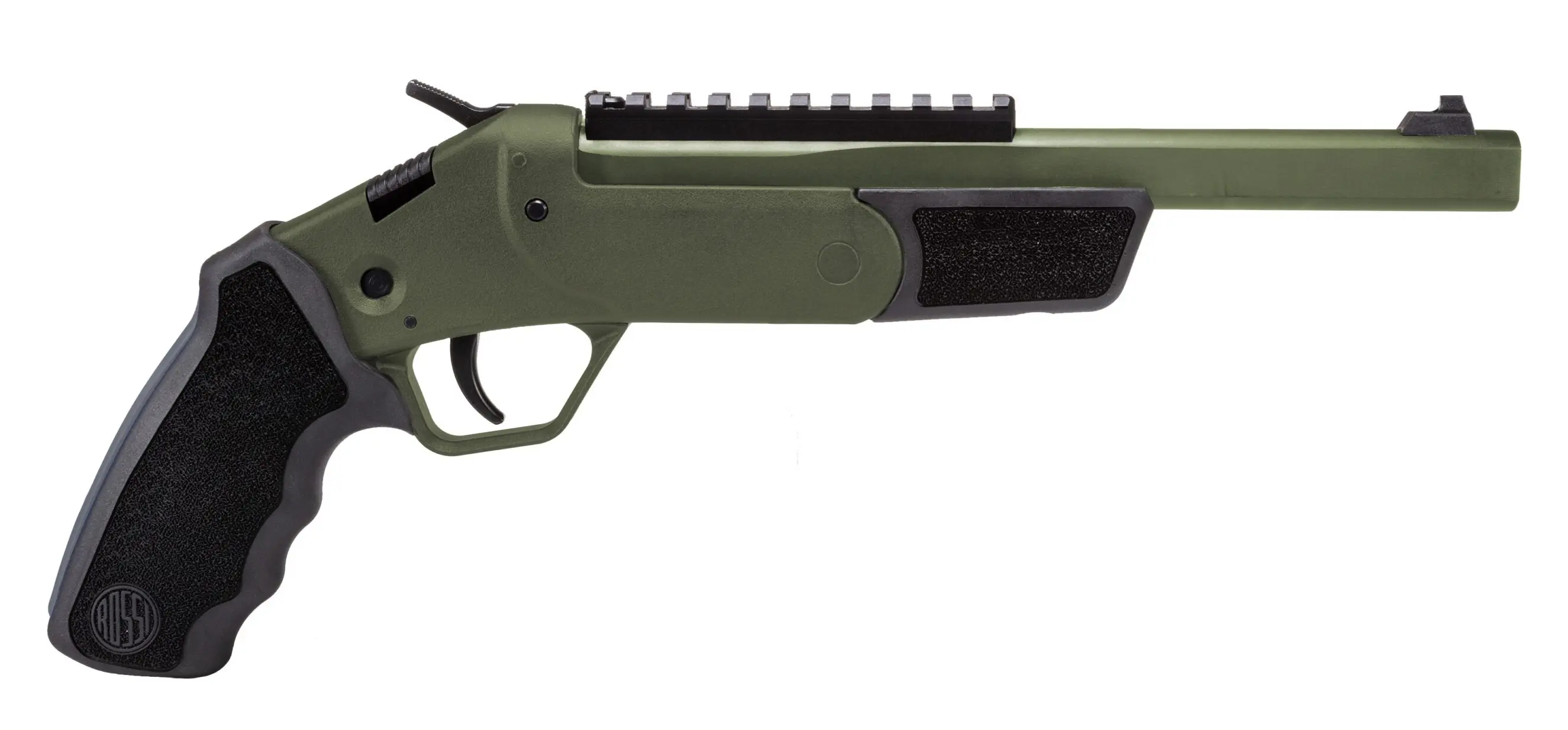 Green and black tactical pistol with textured grip.