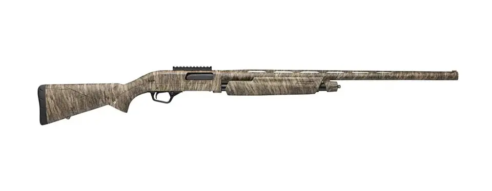 Camouflage-patterned hunting rifle with scope.