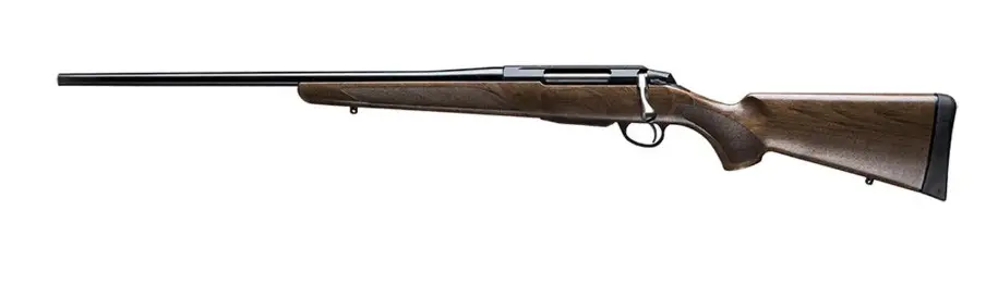 Bolt-action rifle with wooden stock and metal barrel.