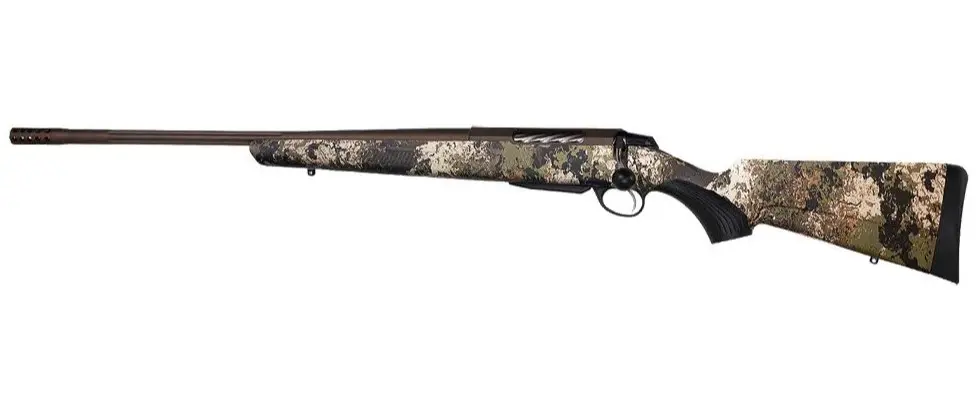 Hunting rifle with camouflage pattern and long barrel.