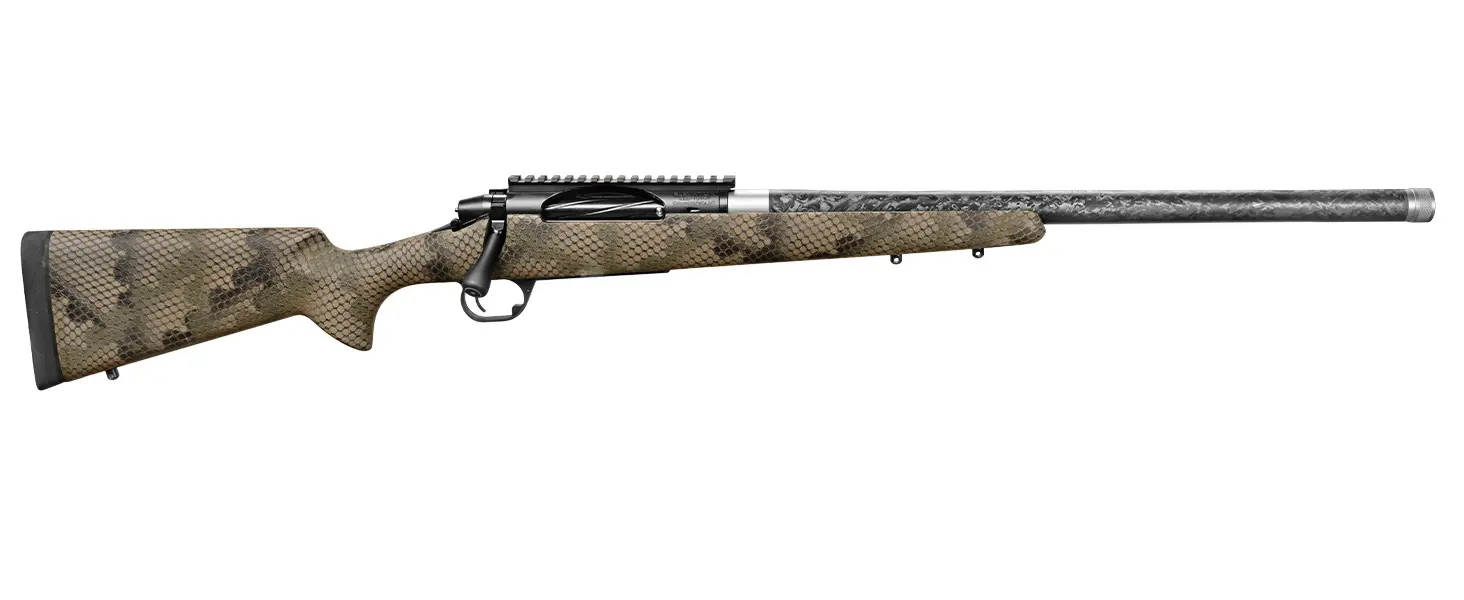 Rifle with camouflage stock and long barrel, suitable for hunting and shooting sports.