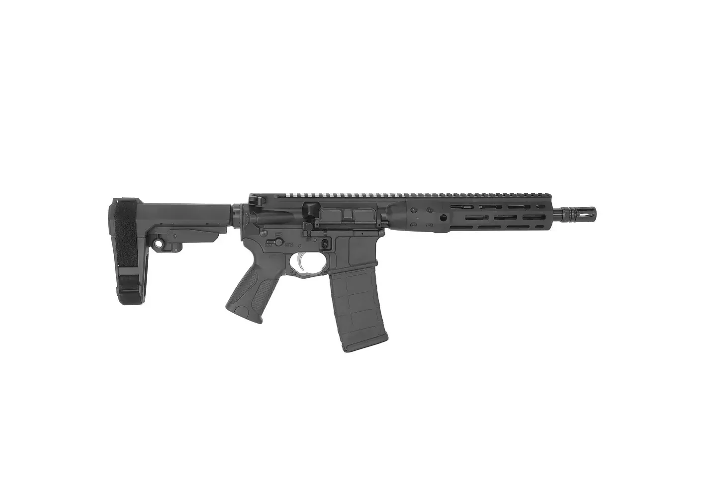 Black tactical rifle with adjustable stock and rail system.