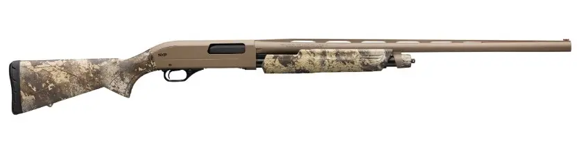 Rifle with camouflage stock, scope, and long barrel for hunting or shooting sports.