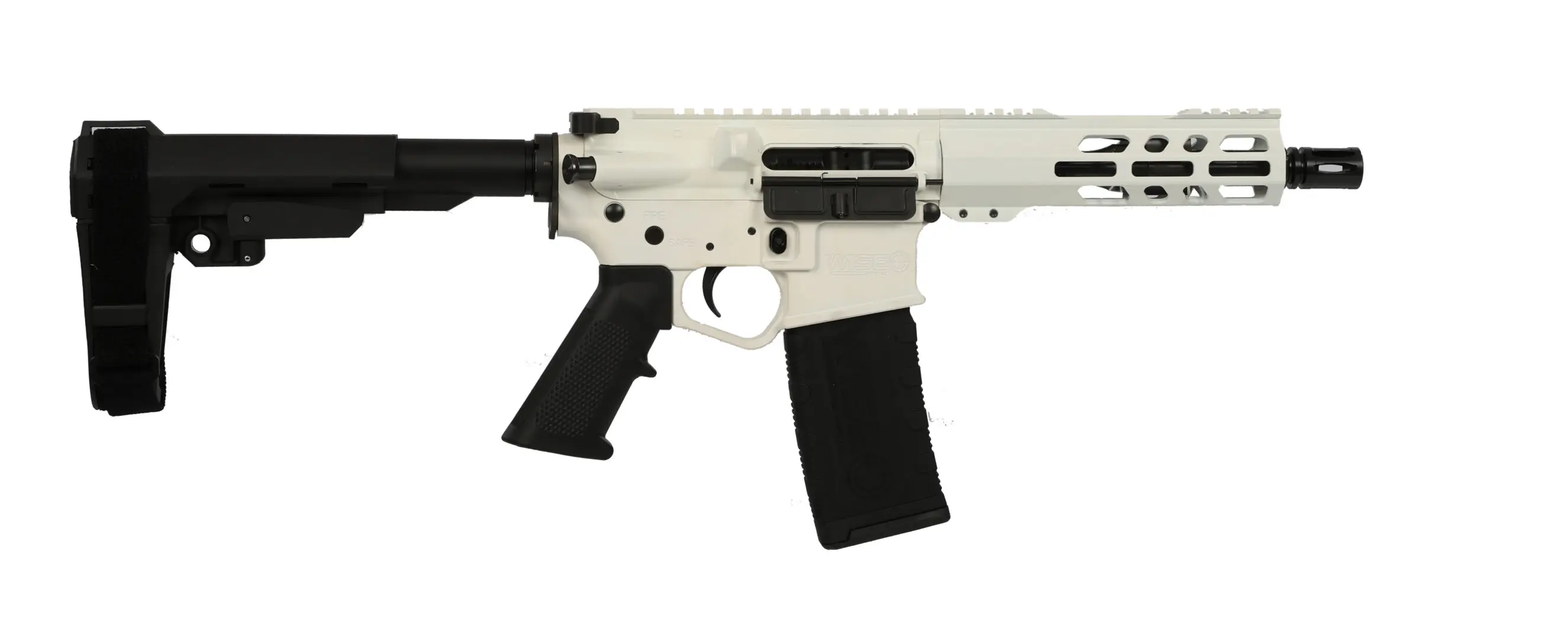 White and black tactical rifle with adjustable stock and ergonomic grip.