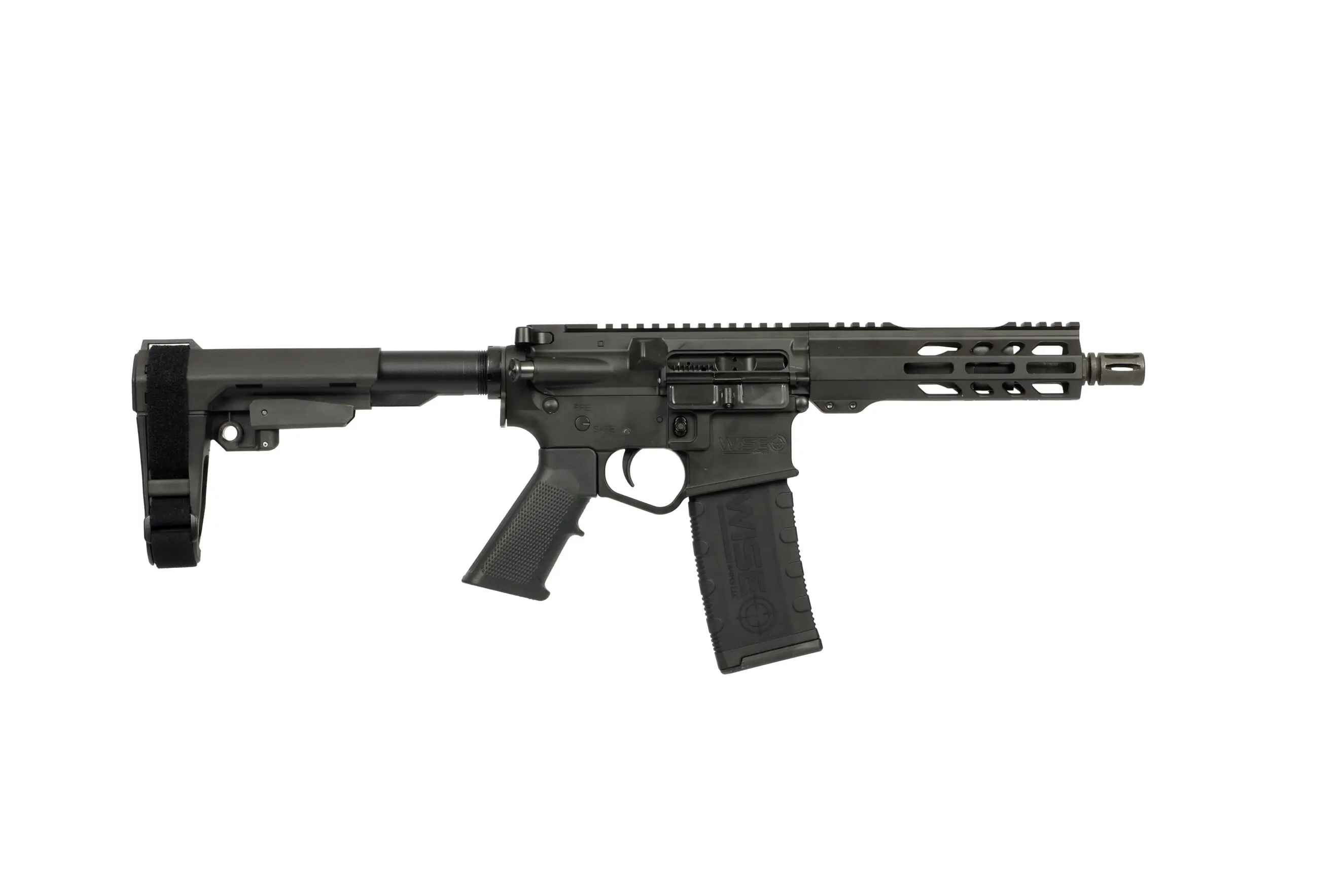 Black tactical rifle with adjustable stock and rail system.