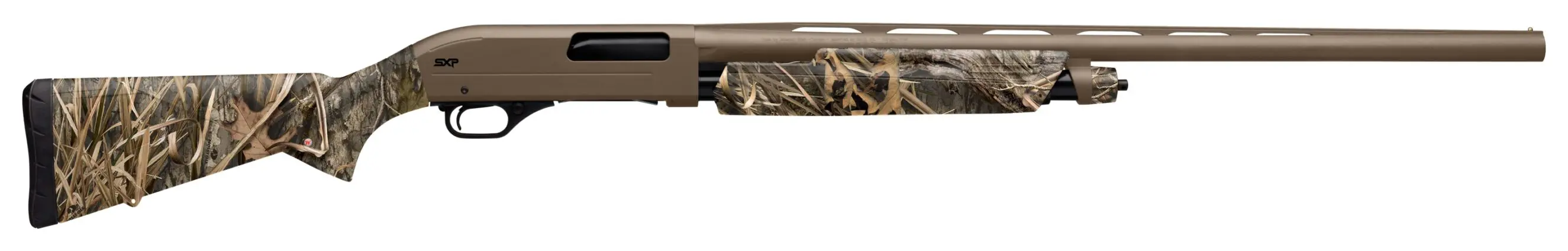 Hunting rifle with camouflage stock and long barrel.