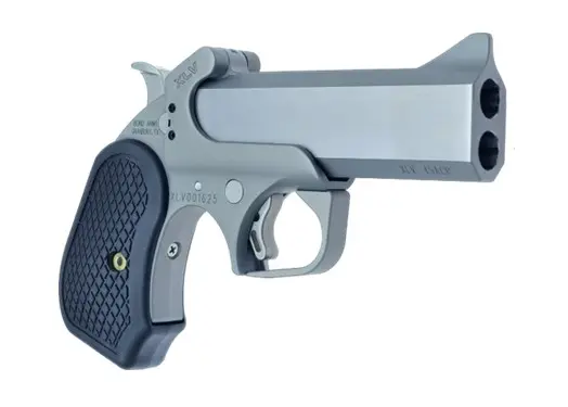 Airsoft pistol with realistic design and dual barrel for safe shooting practice.