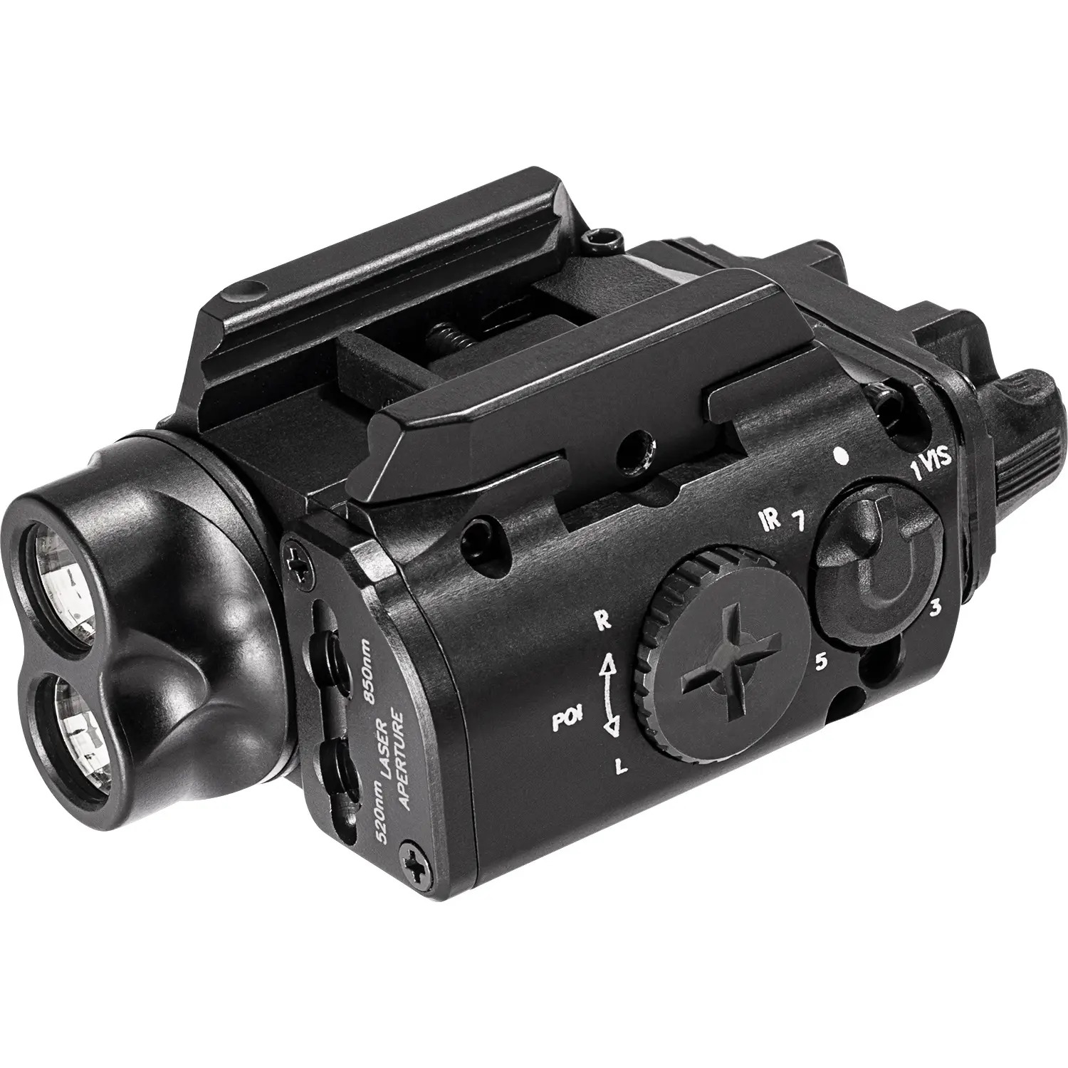 Laser sight with tactical flashlight for firearms, mounted on a black gun accessory.