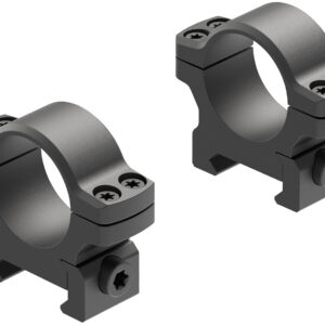 Durable black metal scope mounts with screw fasteners for secure attachment to firearms.