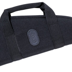 Range bag with sturdy handles and zip closure for firearm storage.