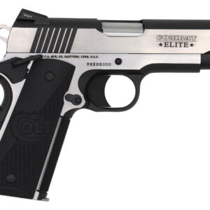 Close-up of a Combat Elite handgun with black and silver finish.