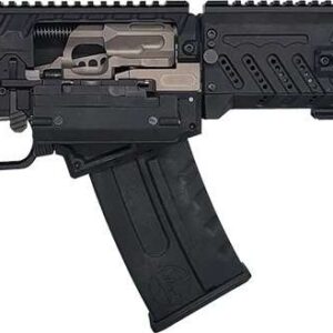 Tactical rifle with scope, adjustable stock, and ergonomic grip.