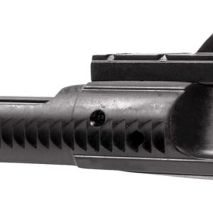 Rifle suppressor attached to the firearm for noise reduction.