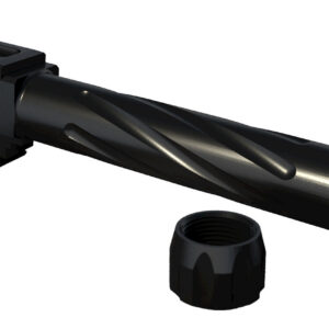 Close-up of a firearm bolt carrier group with a black finish.