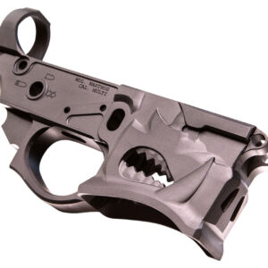 Close-up of a firearm frame with detailed machining marks.