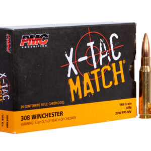 Box of 20 centerfire rifle cartridges for 308 Winchester with a single bullet beside it.