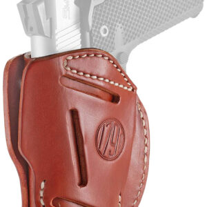 Gun in a brown leather holster with stitching detail.