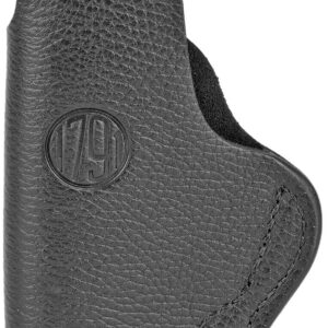 Holster for concealed firearm with textured black leather finish.