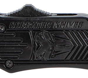 Tactical folding knife with black handle and partially serrated blade.
