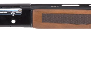 Rifle with wooden stock and black barrel for hunting and shooting.