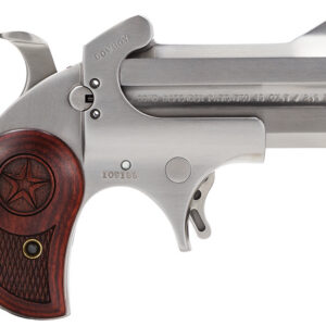 A gun-shaped keychain featuring a metallic body and wooden grip, designed as a decorative accessory.