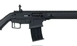 Gun with scope and suppressor, modern firearm for shooting sports or defense.