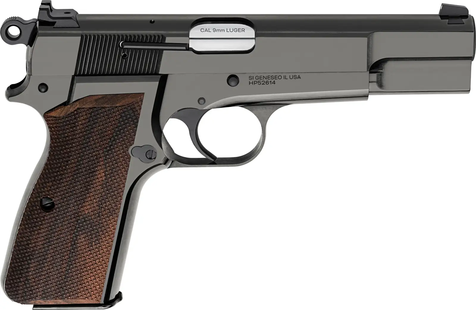 Pistol with wooden grip and metal slide, suitable for firearm enthusiasts and collectors.