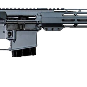 Tactical rifle with adjustable stock, long barrel, and rail system for accessories.