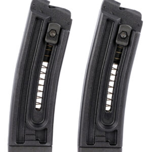 Gun magazine pair for firearms, black polymer, close-up view.