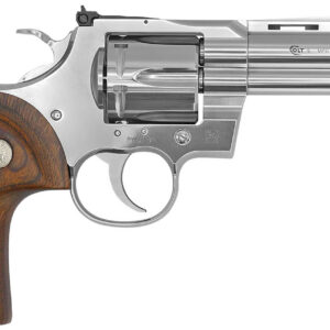 Silver revolver with wooden grip, close-up shot showing detailed craftsmanship.