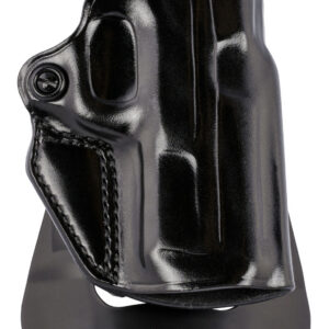 Black leather gun holster for concealed carry with adjustable retention screw.