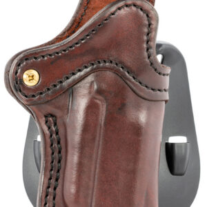 Holster for concealed carry with leather and fabric, suitable for various firearms.