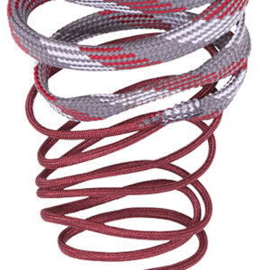 Coiled rope with red, gray, and white pattern, used for firearm safety or storage.