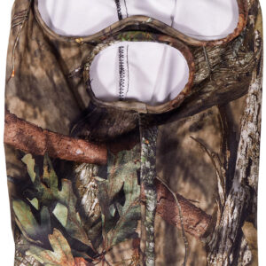Camouflage hunting face mask with eye and mouth openings for outdoor activities.