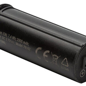 Battery pack for firearm accessory, black cylindrical lithium-ion battery with charging port.