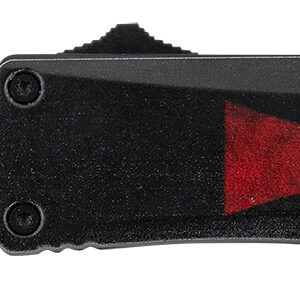 Knife with black and red handle and silver blade.