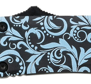 Folding knife with black blade and decorative blue floral handle.