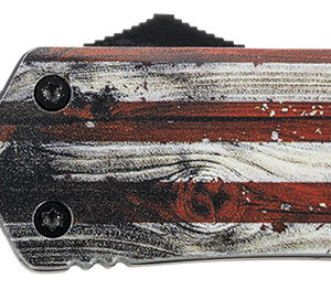 American flag-themed folding knife with a black blade and patriotic handle.