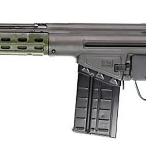 Tactical rifle with green stock, scope mount, and magazine for firearm enthusiasts.