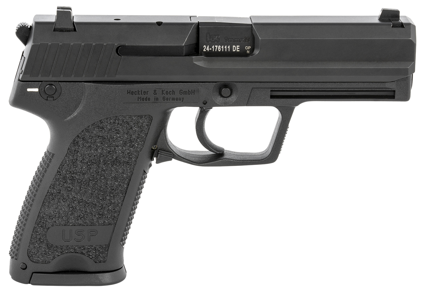 HK 81000309 USP V1 SA/DA 9mm Luger Caliber with 4.25" Barrel, 10+1 Capacity, Overall Black Finish, Serrated Trigger Guard Frame, Serrated Steel Slide & Polymer Grip Includes 2 Mags