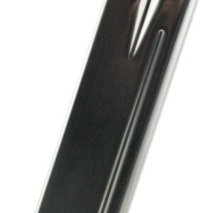 Metal firearm magazine with a sleek finish and a visible loading window.