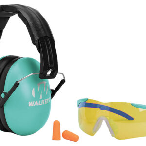 Walker's GWPYWFM2GFPLTL Folding Muff Combo 23 dB Over the Head Folding Muff, Foam Ear Plugs, Shooting Glasses Black/Teal Polymer Fits Youth/Women