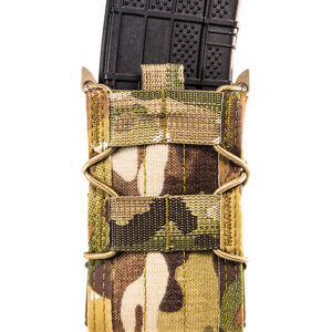 Tactical magazine pouch with camouflage pattern and magazine holder.